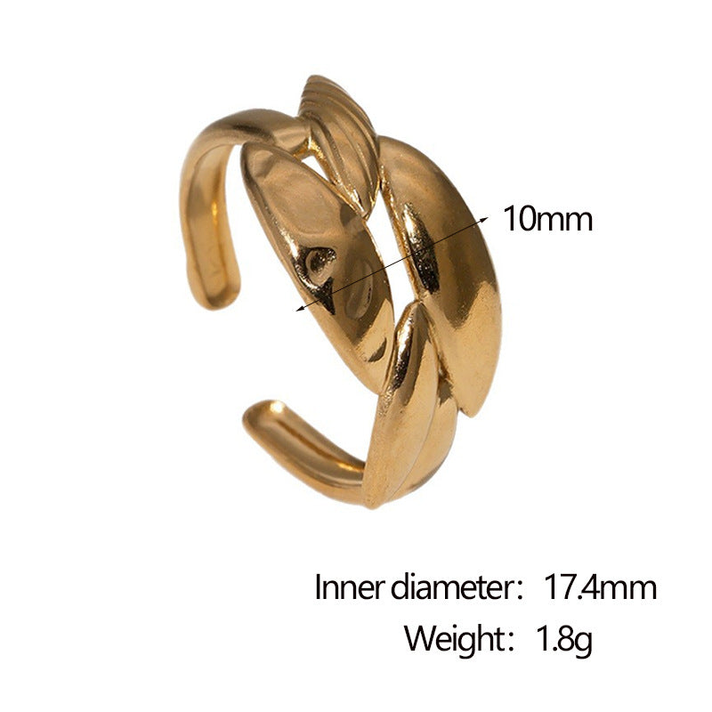 Minimalist 18K Gold Plated Stainless Steel Adjustable Open Ring Geometric Leaf Design for Women