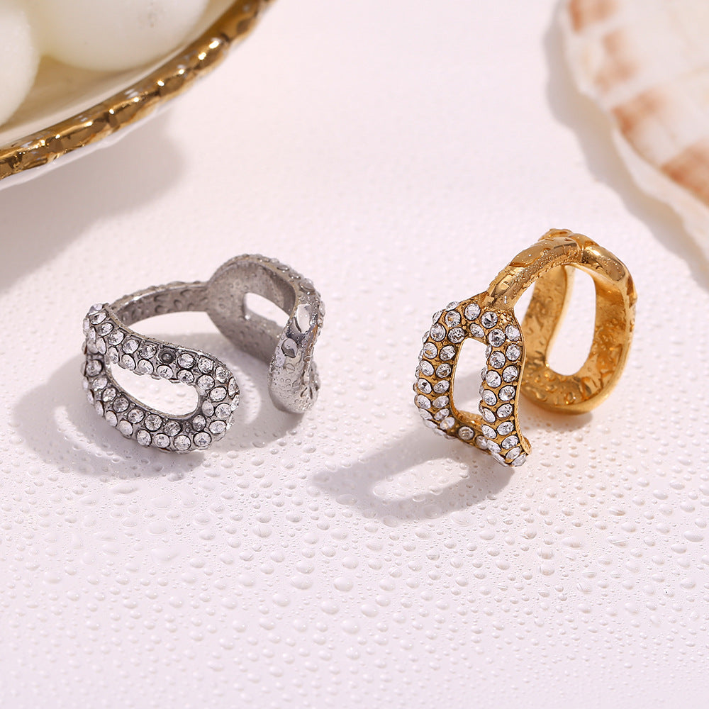 Anello da donna in acciaio inossidabile con design geometrico minimalista, placcatura in oro 18 carati e strass micro-pavé