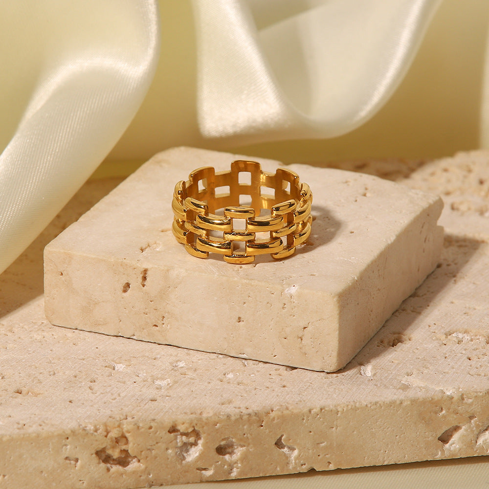 INS Style Geometric Hollow Titanium Steel Ring with 18K Gold Plated Finish for Women, Stainless Steel Band, Hypoallergenic Luxury Fashion Ring