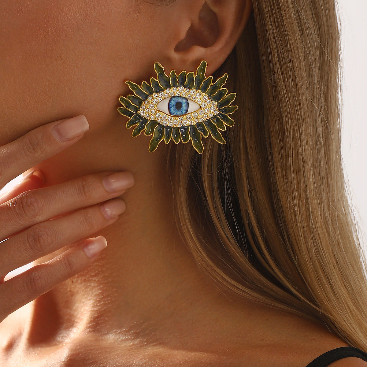 Orecchini da donna vintage artistici con occhio di Allah in lega con intarsi in strass e finitura smaltata