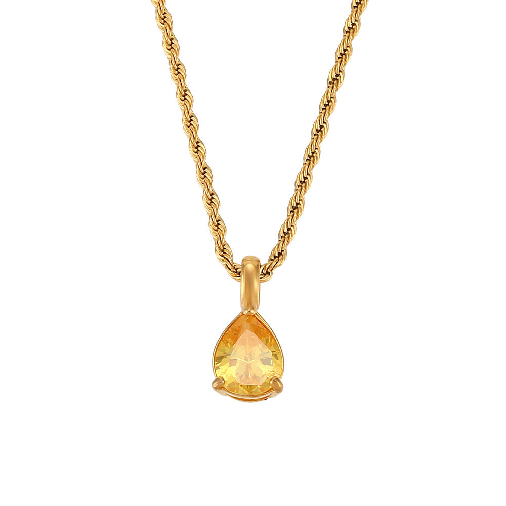 Fashionable Vintage Geometric Stainless Steel Twisted Rope Necklace with Teardrop Rhinestone Pendant for Women