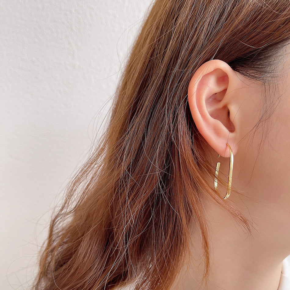 Minimalist U-Shaped Geometric Hoop Earrings in 925 Sterling Silver with Pearl Inlay