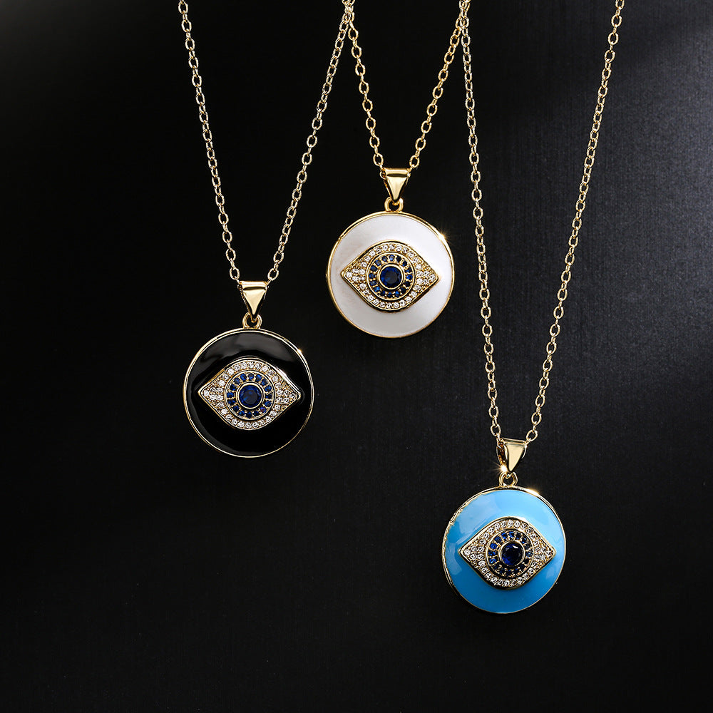 Collana Minimalista Geometrica in Rame Placcato Oro 18K con Ciondolo a Occhio di Allah in Smalto e Intarsio di Zirconi