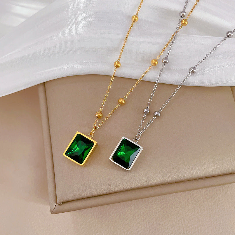 Minimalist Geometric Green Gemstone Titanium Steel Collar Chain with Gold Plating