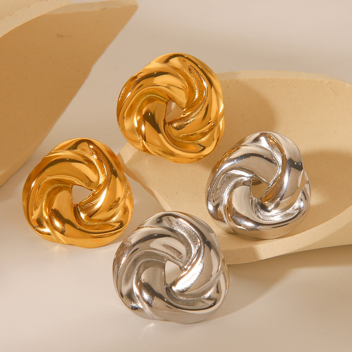 Geometric Woven Stainless Steel Ear Studs with 18K Gold Plating for Women