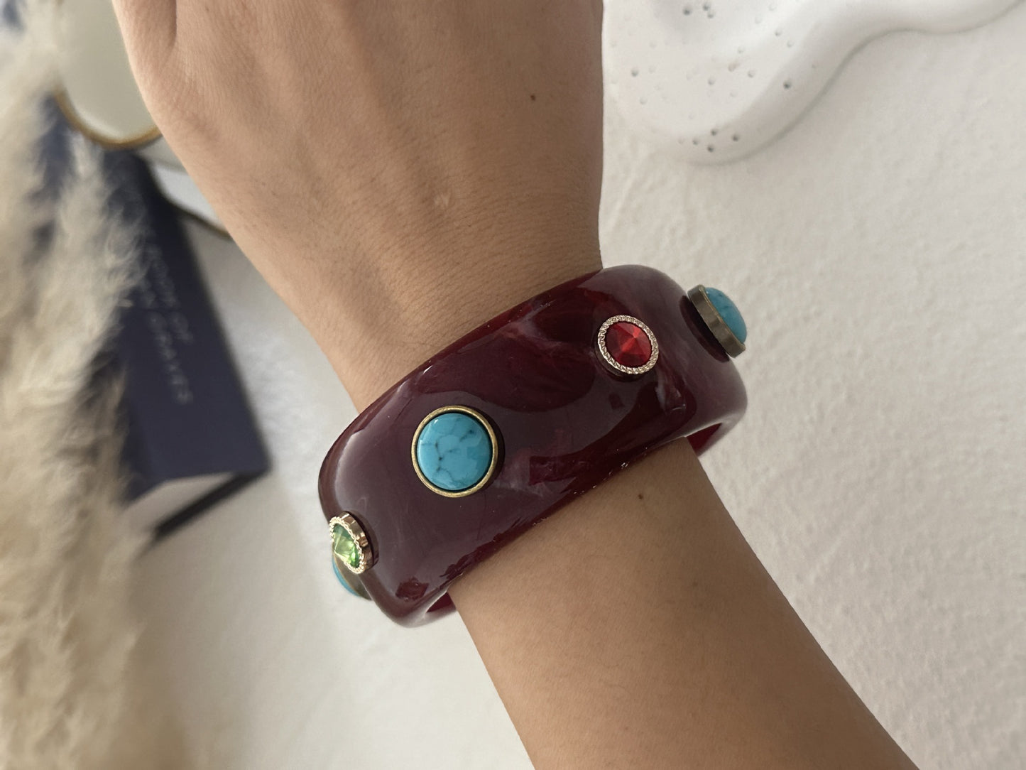 Vintage Wide Geometric Resin and Alloy Bracelet with Burgundy Gemstone Accents