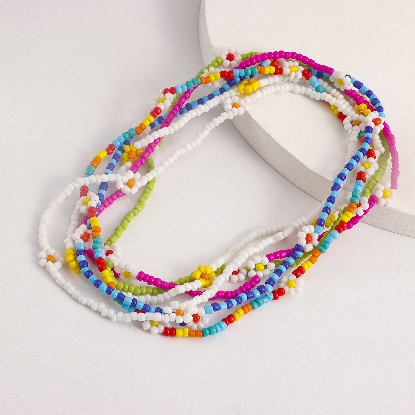 Colorful Beaded Ethnic Necklace with Geometric Design Alloy Pendant on Elastic Cord for Women