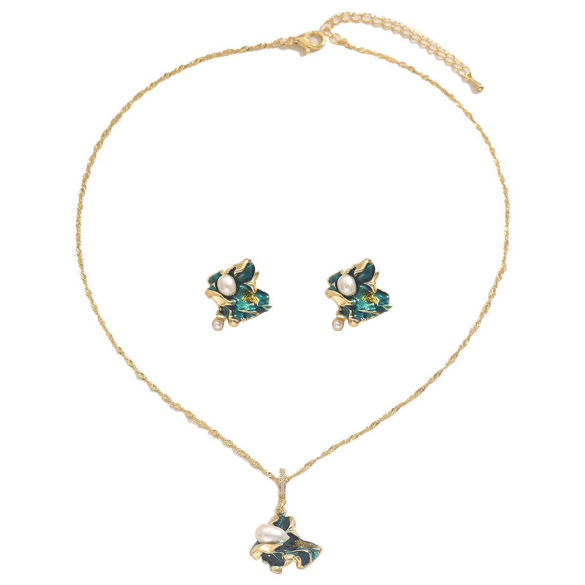 Fashion Geometric Enamel Pendant Necklace and Earrings Set for Women with Pearl Inlay Copper Jewelry