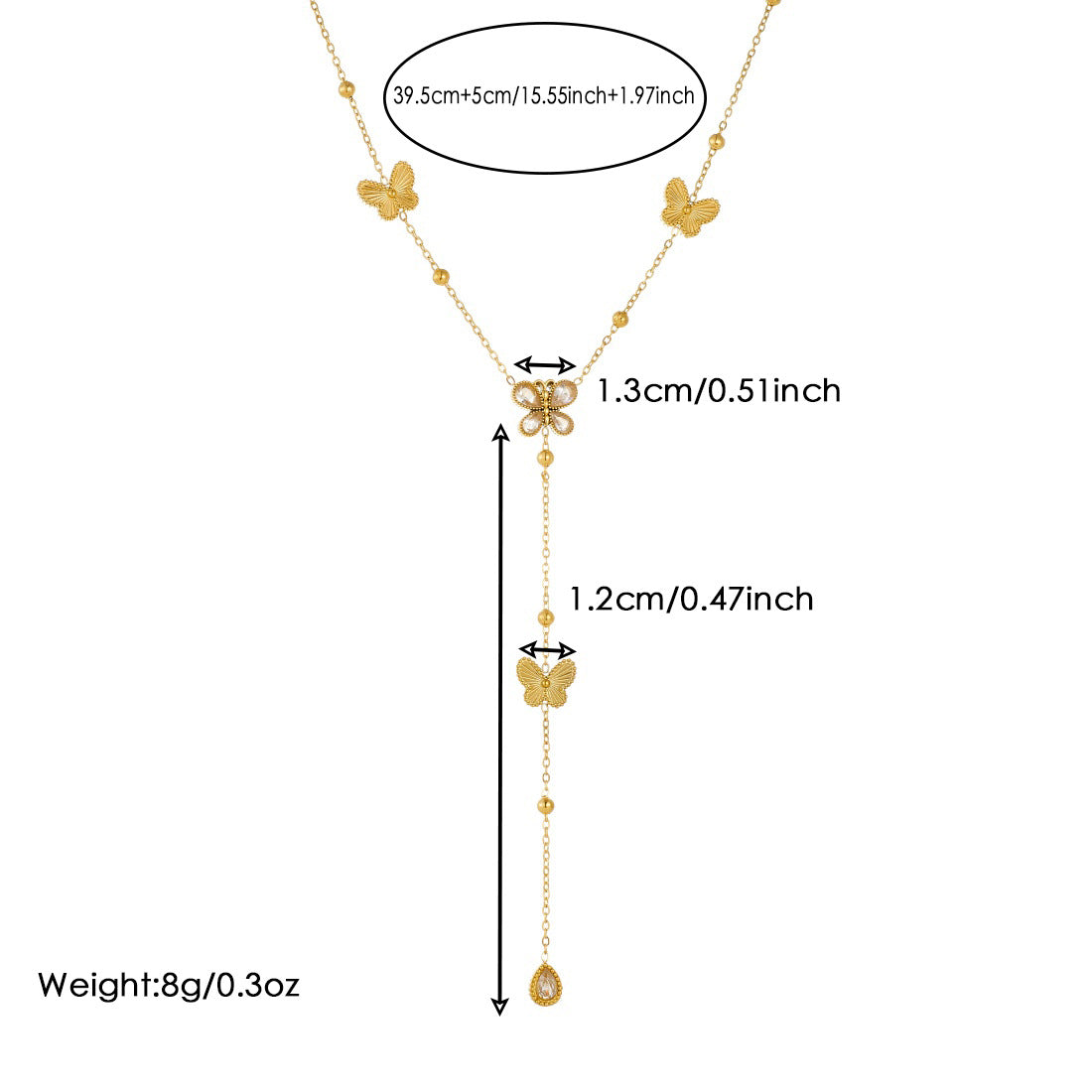 Elegant Gold Plated Butterfly Teardrop Rhinestone Stainless Steel Y-Necklace with Tassel