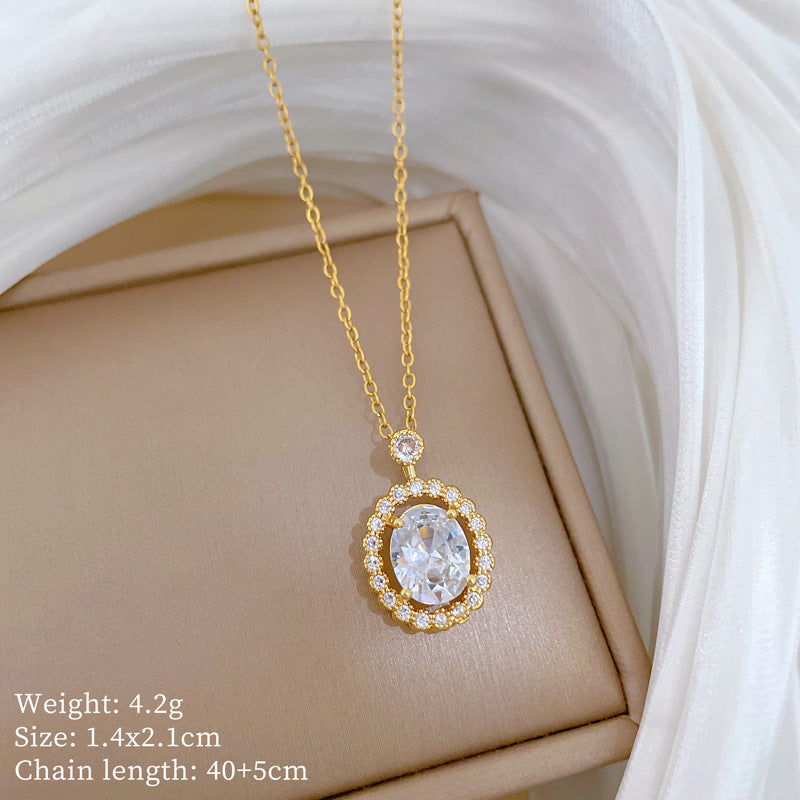 Sweet Minimalist Oval Geometric Cubic Zirconia Titanium Steel Necklace for Unisex