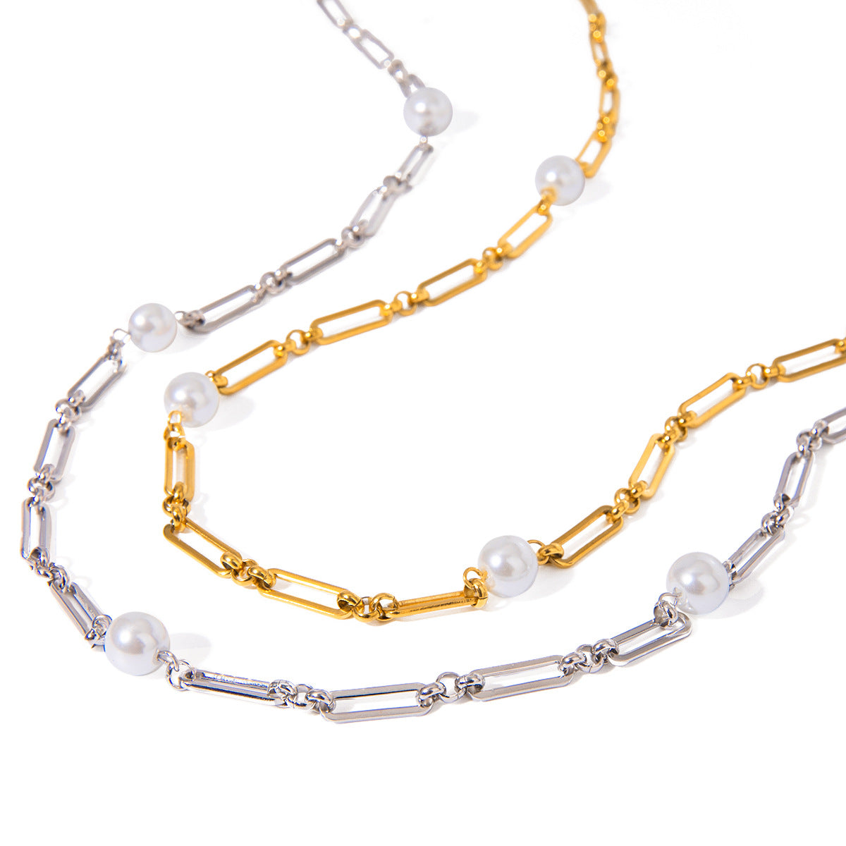 Collar de cadena cubana de acero inoxidable con perlas barrocas vintage incrustadas para mujer
