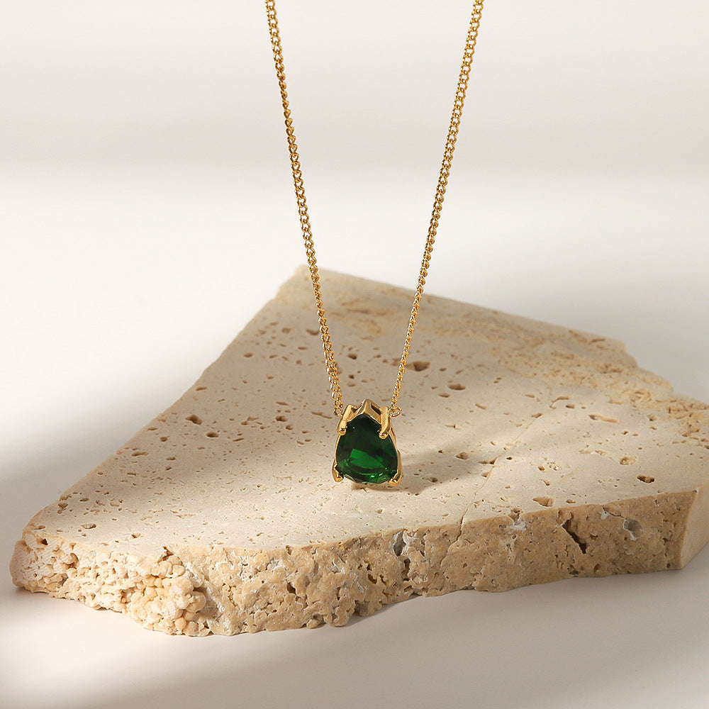 Minimalist Teardrop-Shaped Stainless Steel Necklace with 18K Gold Plating and Green Zircon Pendant for Women