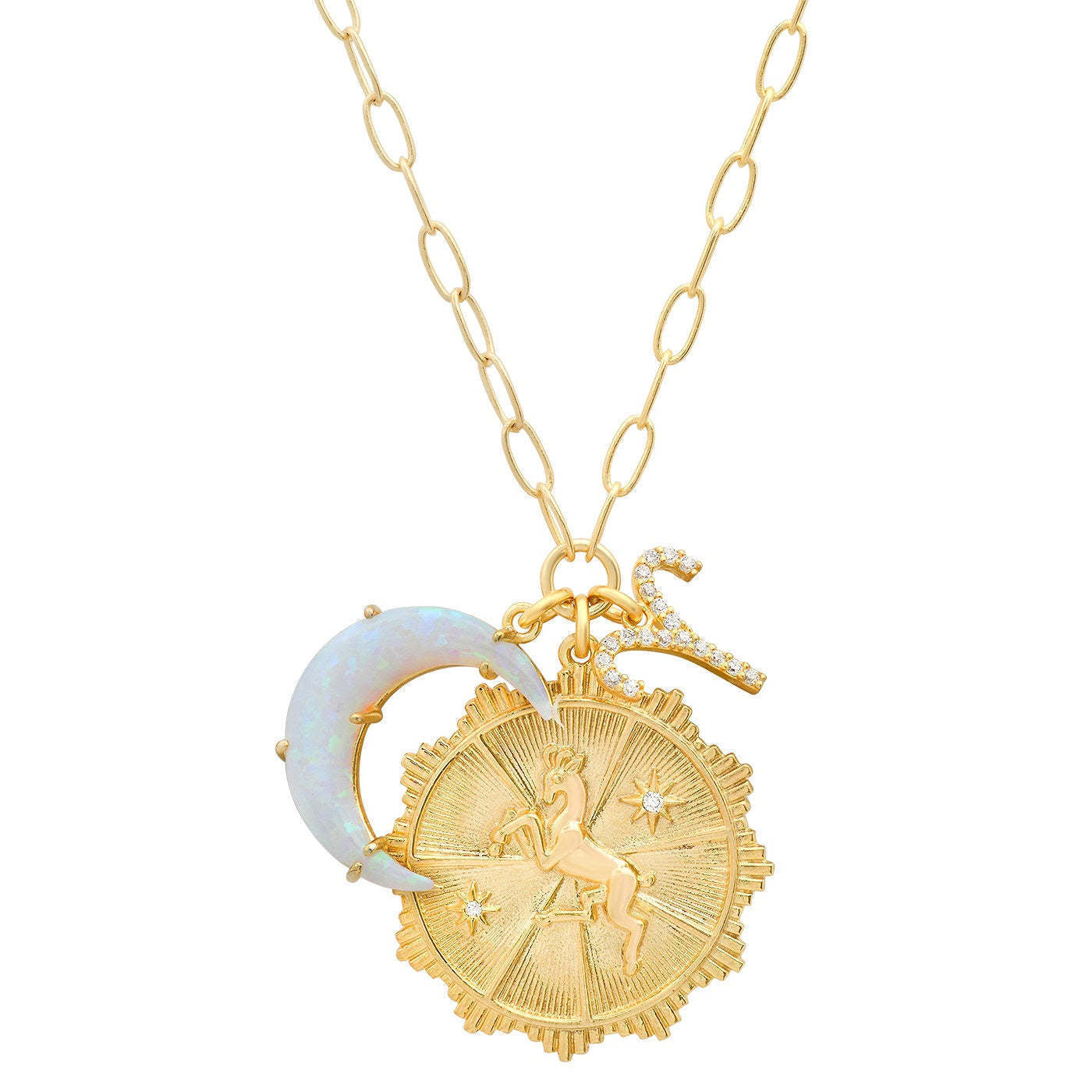 Collana con Pendente Vintage Segno Zodiacale Luna con Opale in Rame con Zirconi Micro-Pave, a Mezzaluna, Catenina Regolabile per Clavicola