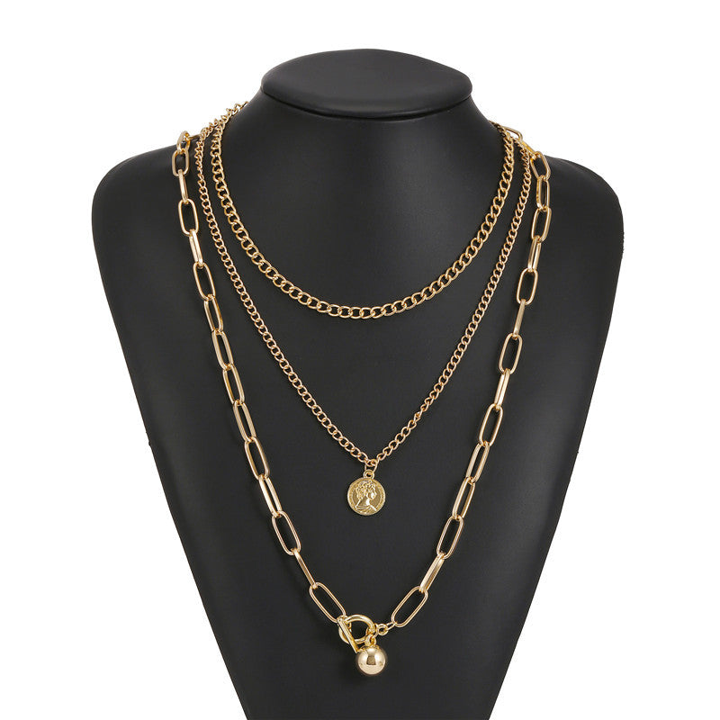Vintage Geometric Round Alloy Human Head Pendant Multi-layer Snake Chain Necklace for Women