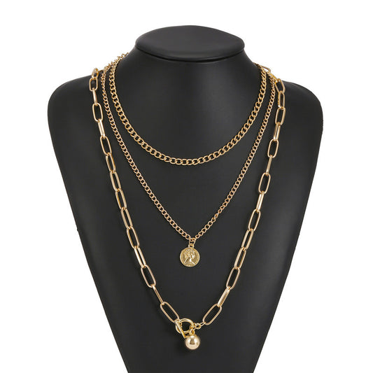Vintage Geometric Round Alloy Human Head Pendant Multi-layer Snake Chain Necklace for Women