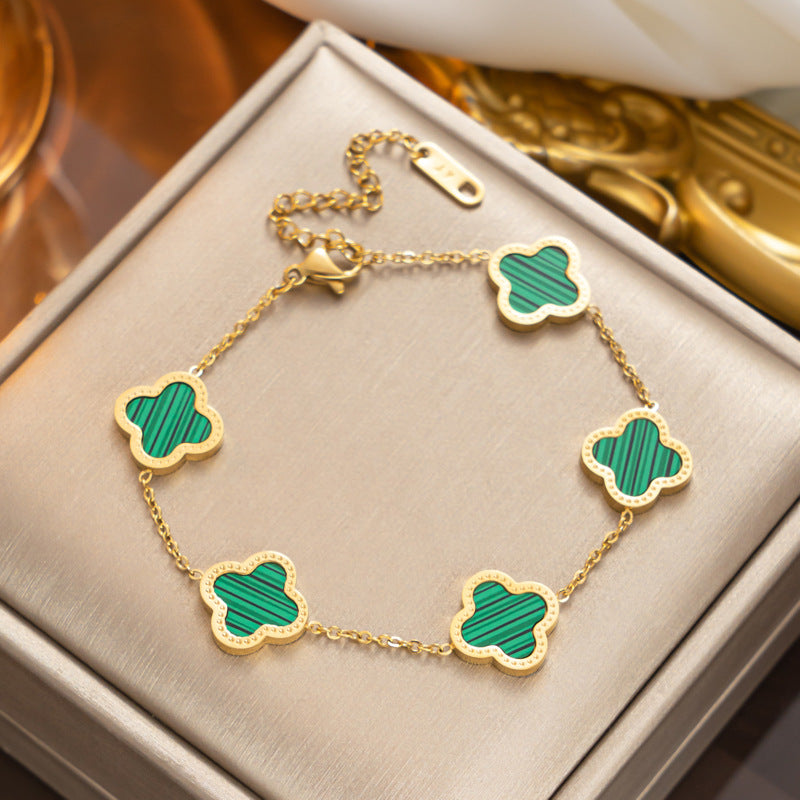 Fashion 18K Rose Gold Plated Titanium Steel Four-Leaf Clover Rhinestone Bracelet for Women