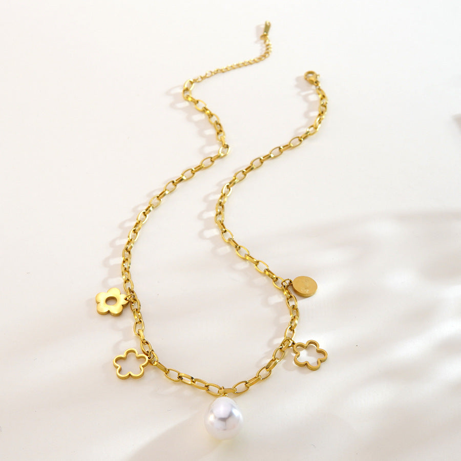 Sweet 18K Gold Plated Stainless Steel Flower Geometric Pearl Necklace Cable Chain