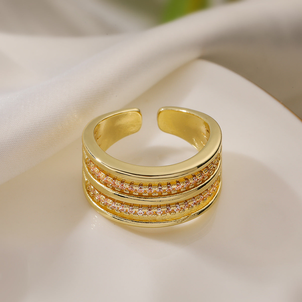 Minimalist Geometric Open Ring for Women with Micro-Paved Zirconia on Brass
