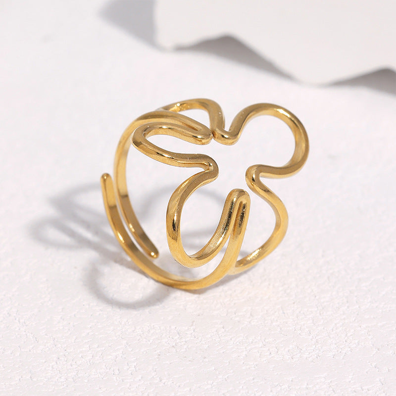 Sweet Minimalist Hollow Flower Plated Stainless Steel Ring for Women