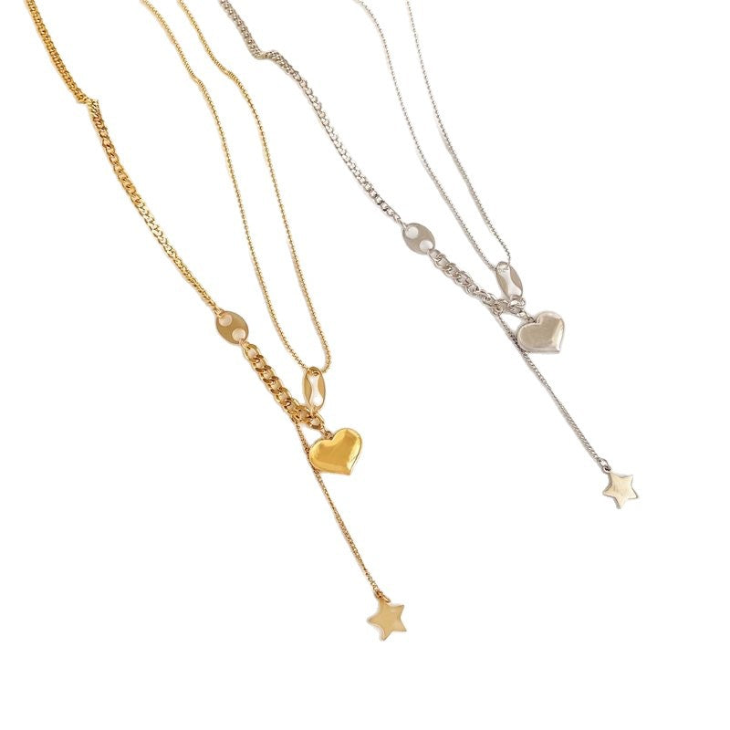 Hip-hop Titanium Steel Heart Star Pendant Necklace with Tassel for Women