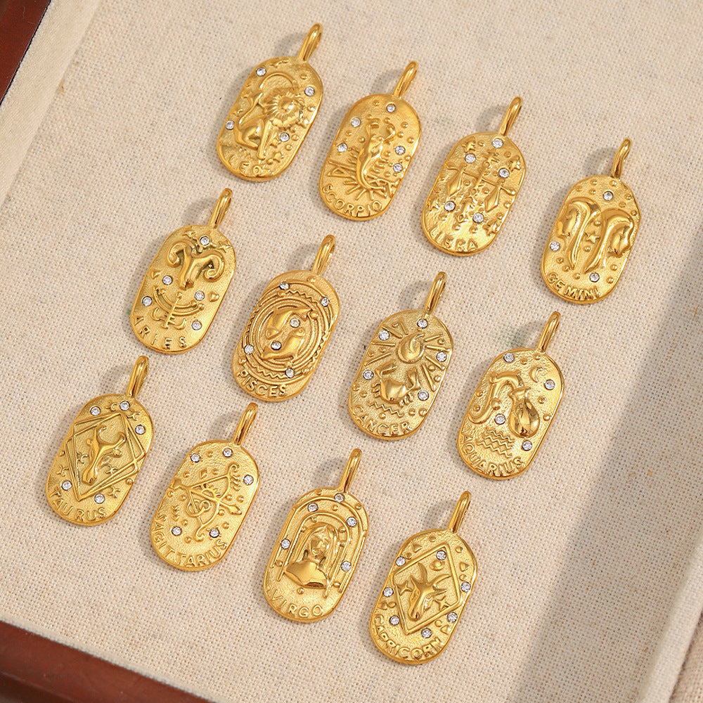 Ciondolo a barra vintage quadrato in acciaio inossidabile placcato oro 18K con segno zodiacale