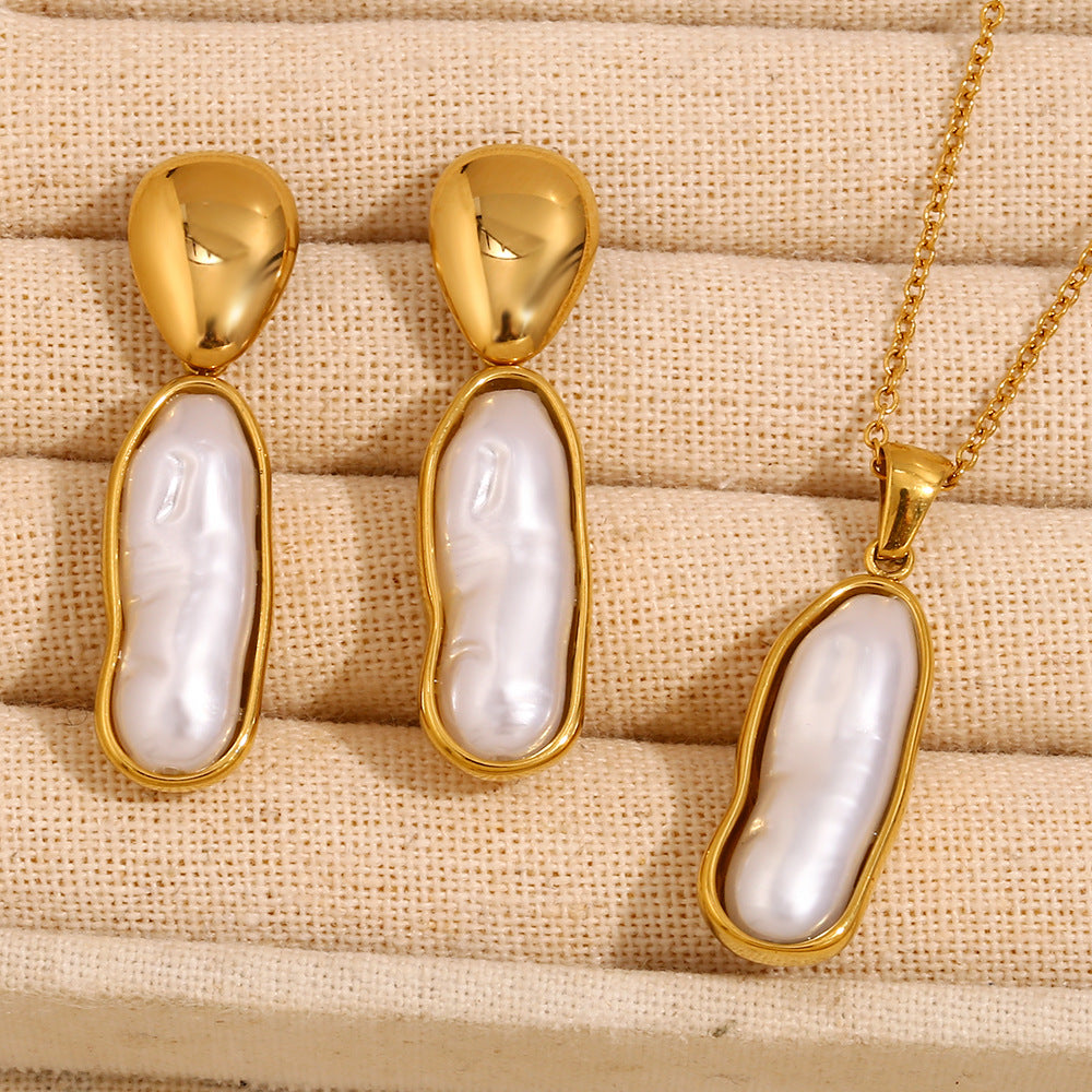 Pendientes Largos de Acero Inoxidable con Diseño Geométrico Vintage, Chapados en Oro de 18K y Acento de Perlas