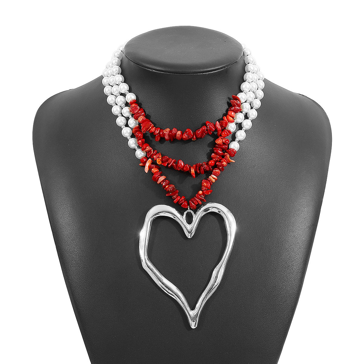 Bohemian Multi-Layer Heart-Shaped Alloy Necklace with Simulated Pearl and Turquoise Accents for Women