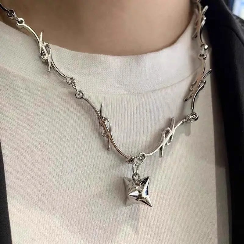 Edgy Geometric Pendant Necklace with Thorn and Flame Motif in Alloy with Electroplated Finish for Women