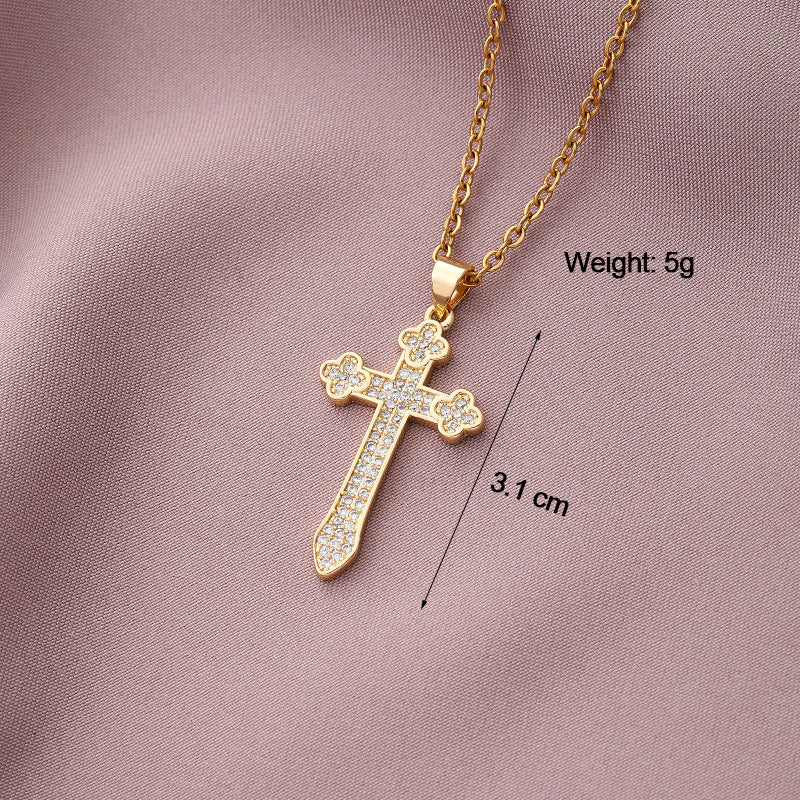 Collar Minimalista de Cobre con Colgante de Cruz e Incrustaciones de Pedrería en Cadena O para Uso Unisex