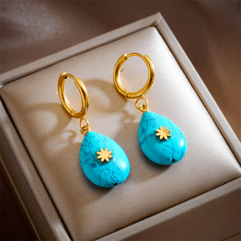 Vintage Minimalist Teardrop-Shaped Turquoise Earrings in Titanium Steel with Plated Finish