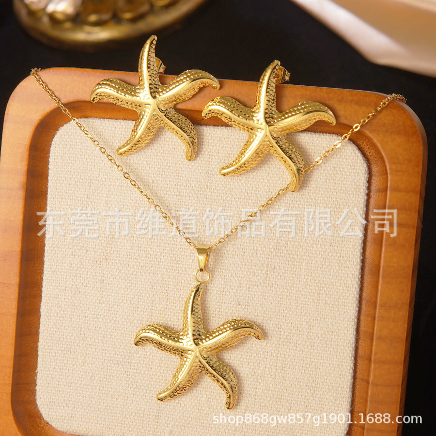 Set collana e orecchini a stella marina con fiocco conchiglia smaltato in acciaio inossidabile e titanio con catena a cavo per donna