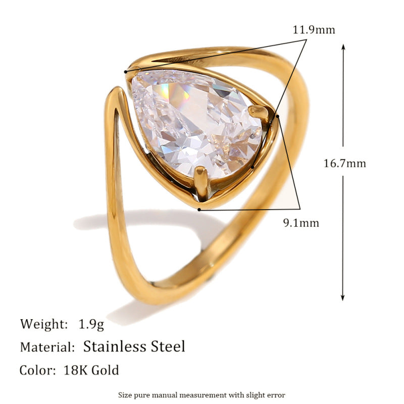 Luxury Minimalist Marquise Teardrop Geometric Gold Plated Stainless Steel Ring with Cubic Zirconia for Women