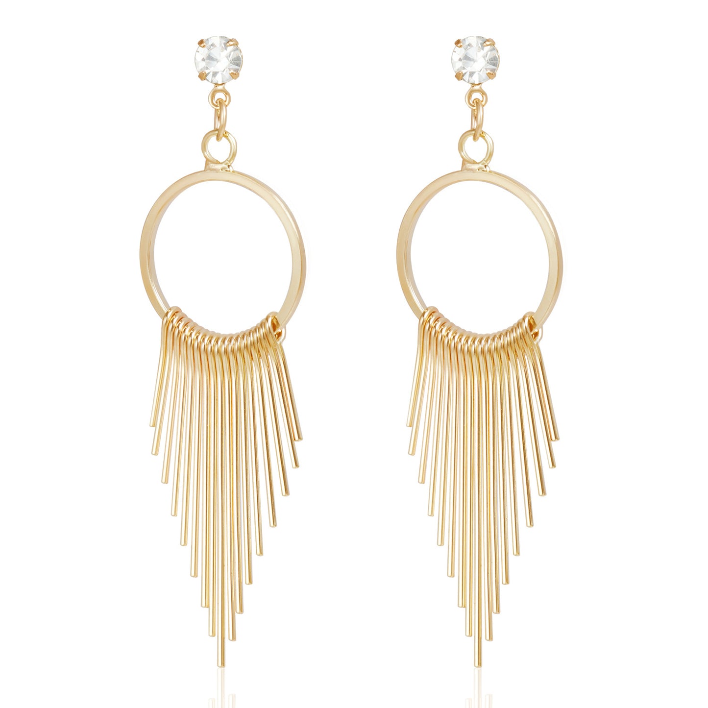 Pendientes colgantes geométricos metálicos vintage con incrustaciones de pedrería y borlas para mujer