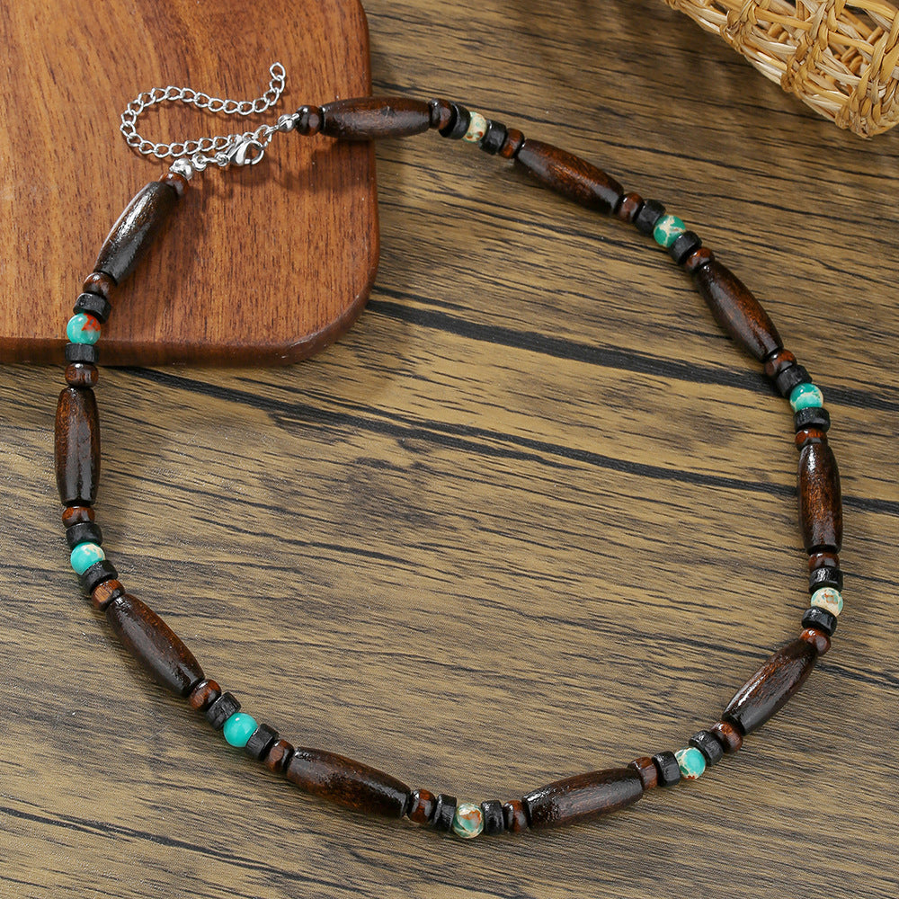 Bohemian Vintage Geometric Wood and Turquoise Beaded Necklace with Cable Chain for Unisex