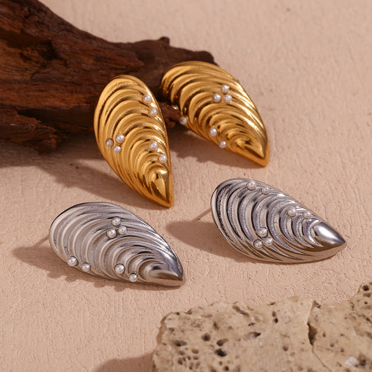 Pendientes de Acero Inoxidable Geométricos Vintage con Baño de Oro de 18K y Nácar Incrustado para Mujer