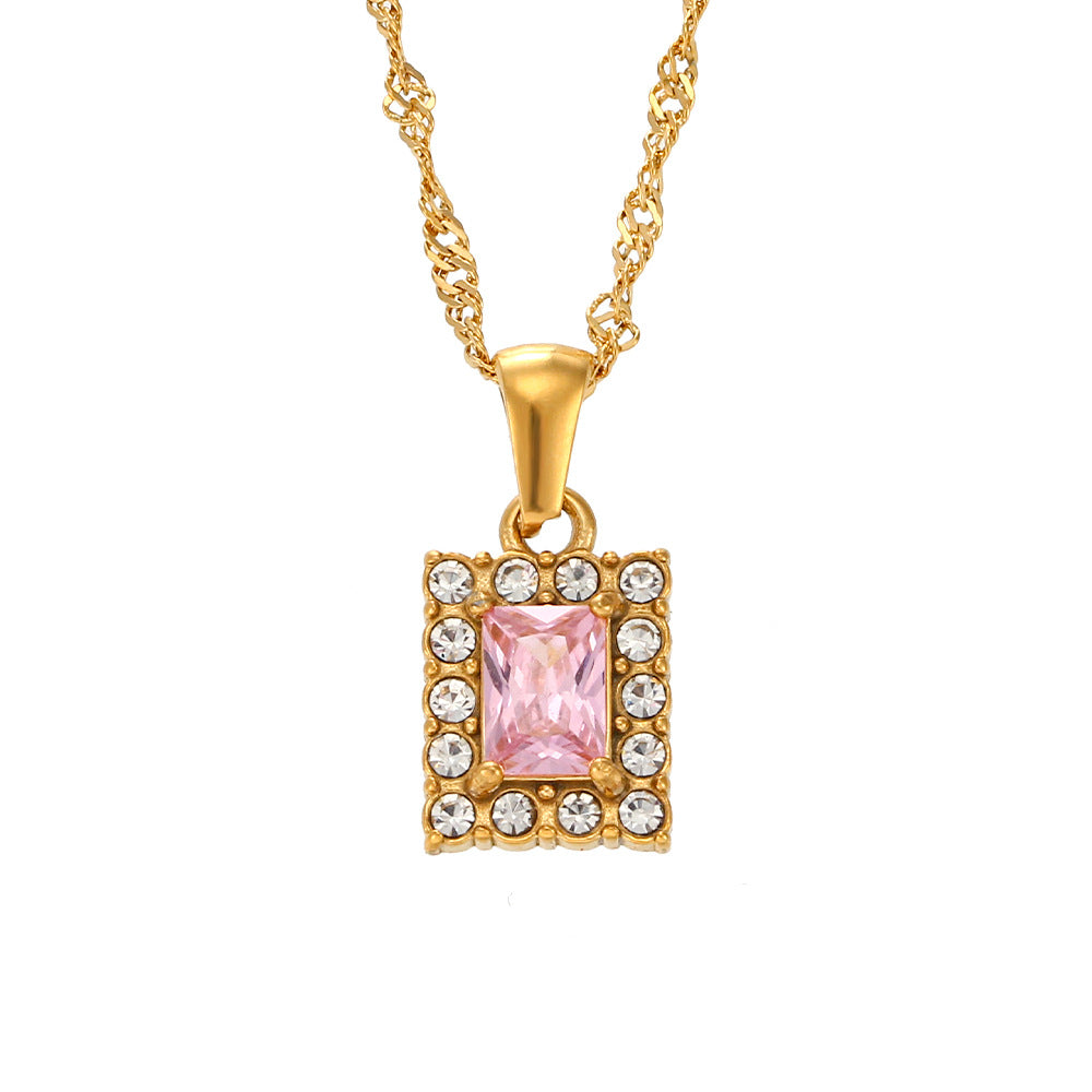 Collana da donna con pendente quadrato in zircone placcato in acciaio inossidabile geometrico minimalista con catena ondulata