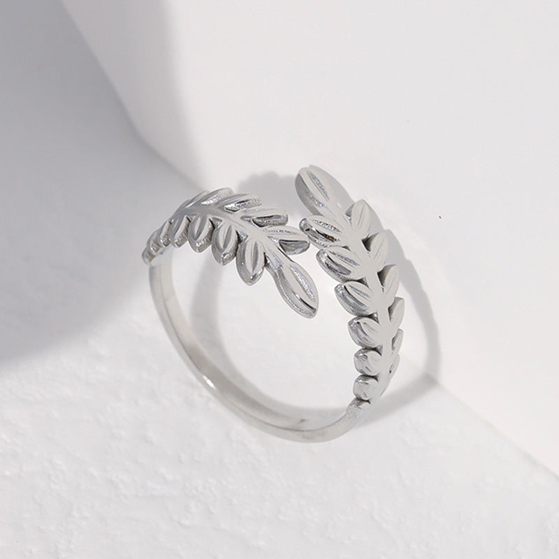Minimalist Titanium Steel Leaf and Heart Shape Open Ring for Women with Plated Finish