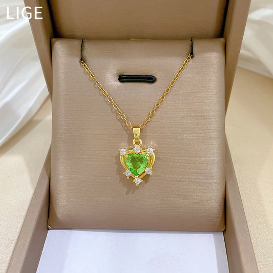 Minimalist Heart-Shaped Titanium Steel Necklace with Green Zircon Inlay for Women, Dainty Clavicle Chain