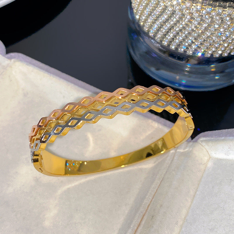 Minimalist Geometric Checkered Plated Titanium Steel Bracelet for Women