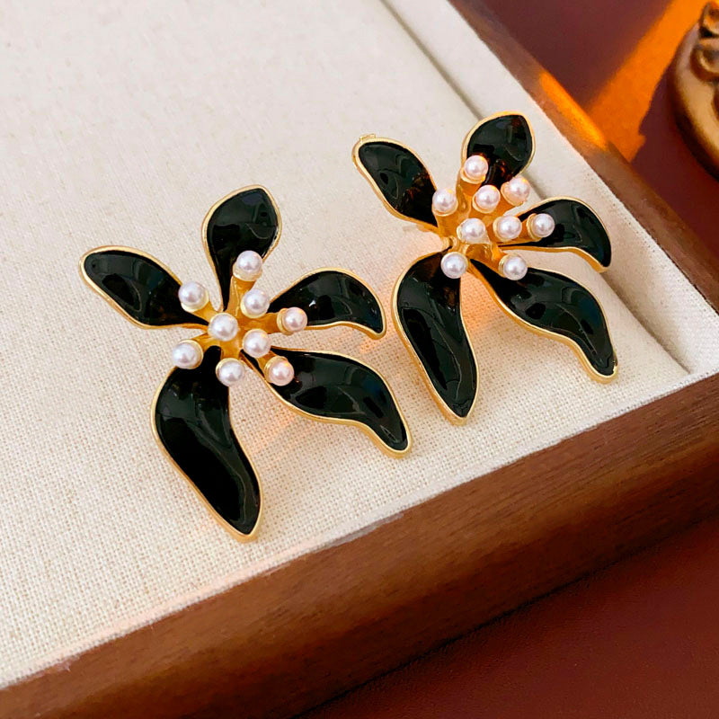 Vintage Floral Polka Dot Enamel Dangle Earrings in Alloy with Stainless Steel Posts for Women