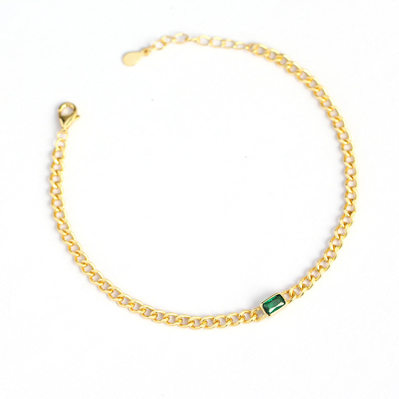 Bracciale a catena con maglie a cordolo in argento sterling 925 di lusso, elegante, geometrico, rettangolare, con intarsio di smeraldo da donna