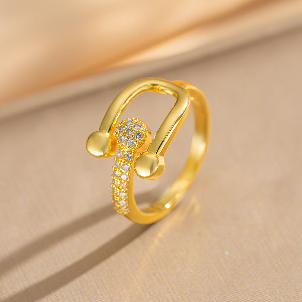 Luxury Minimalist Adjustable Open Ring for Women with Gold-Plated Copper Band and Zircon Stone Accent in Heart and Floral Shape