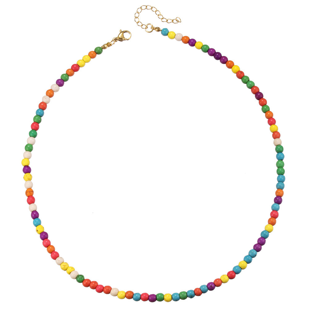 Bohemian Colorful Turquoise Beaded Necklace with Heart Mother of Pearl Pendant on Cable Chain for Women