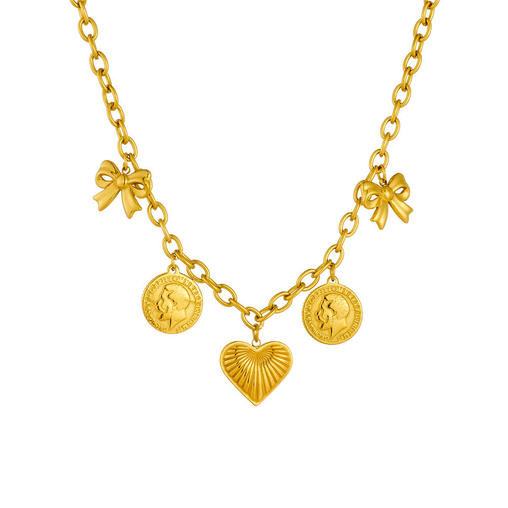Vintage Style Heart and Bow Pendant Necklace in Stainless Steel with Gold Plating on O-Chain