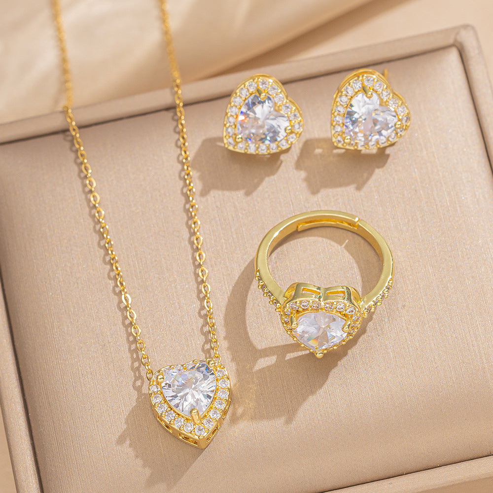 Luxury Minimalist Heart-Shaped Zirconia-Set Titanium Steel Necklace Set for Women with Earrings and Bracelet