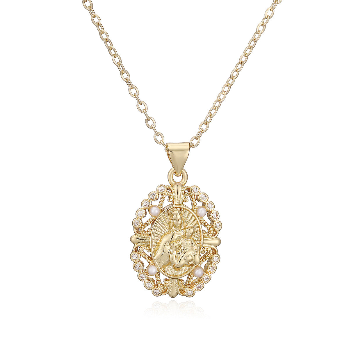 Minimalist Geometric 18K Gold Plated Brass Pendant with Cubic Zirconia and Pearl