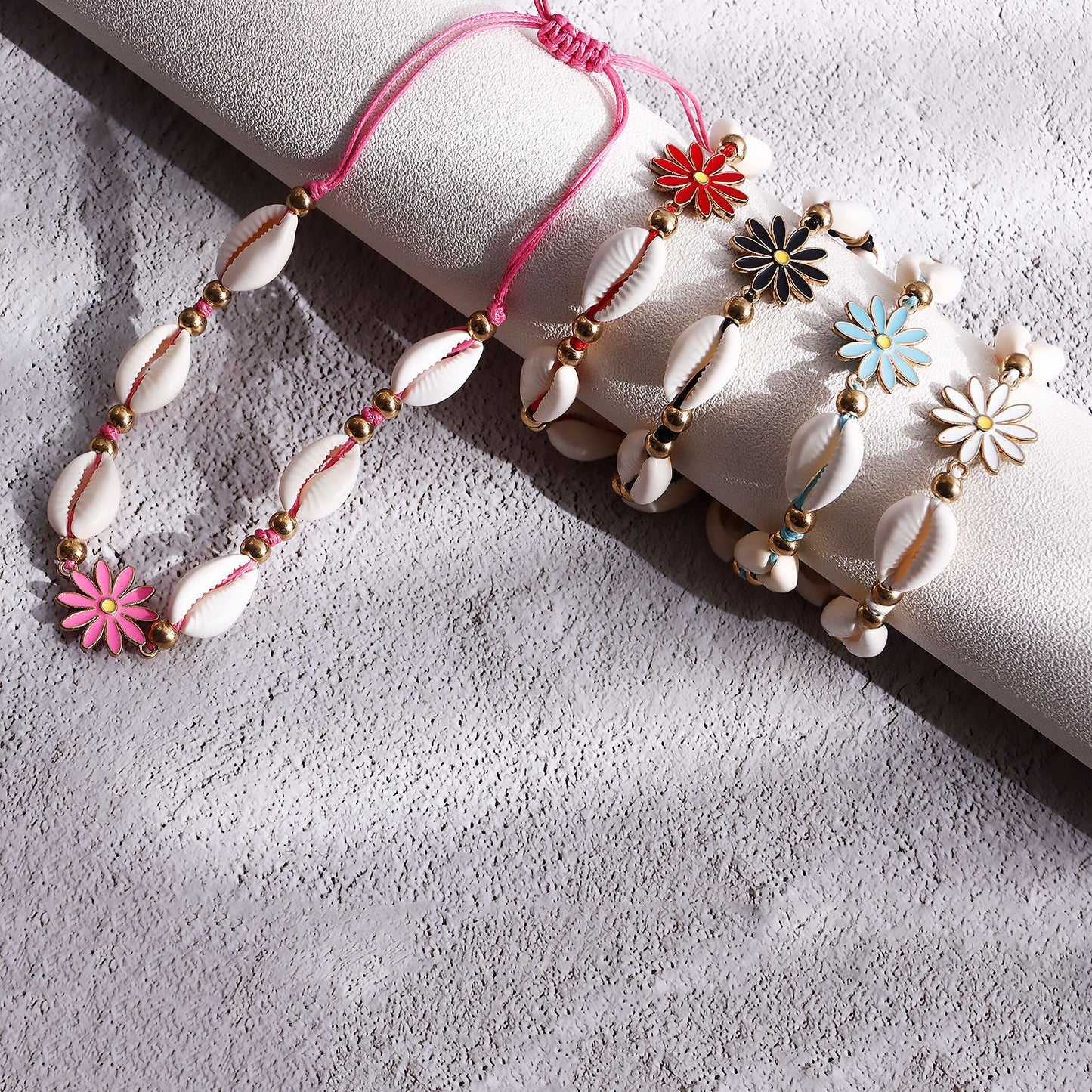 Bohemian-Inspired Adjustable Shell Anklet with Enamel Floral Design for Women
