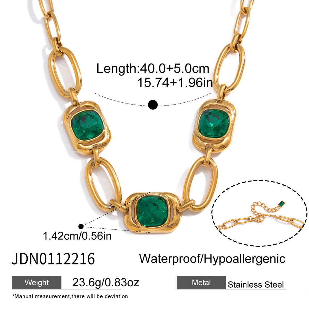 Minimalist Green Glass Square Geometric Titanium Steel Plated Necklace Bracelet Earrings Set for Women