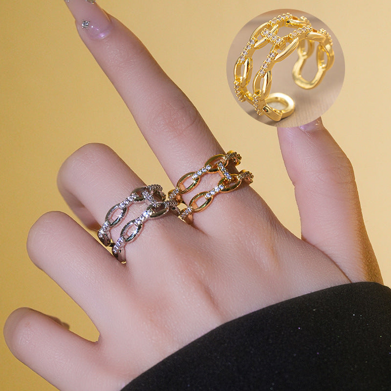 Minimalist Geometric Copper Ring with Micro-Pave Zirconia for Women Adjustable Double-Layer Finger Ring