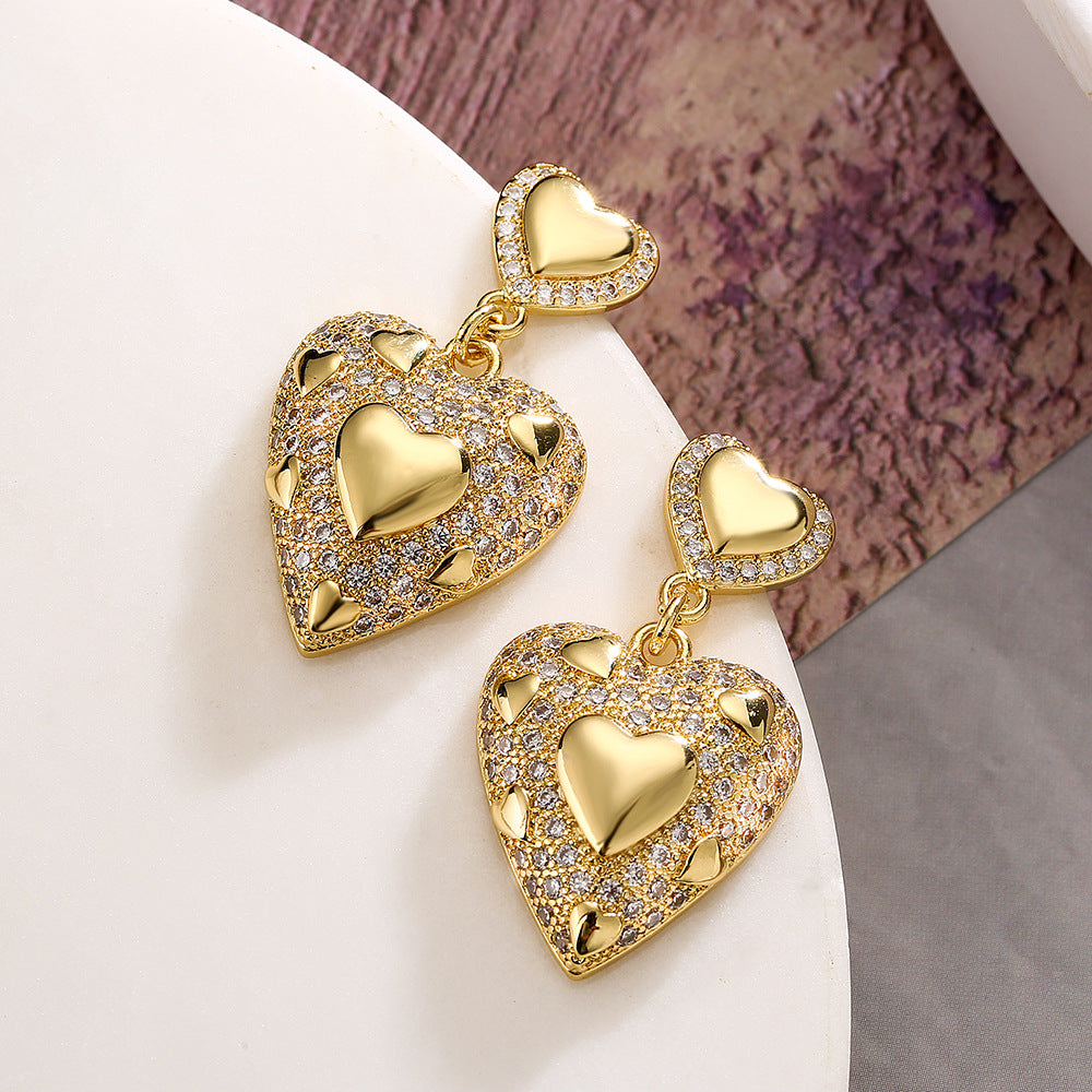 Orecchini Minimalisti a Cuore Geometrico in Zirconia per Donna in Rame con Design di Lusso Leggero e alla Moda